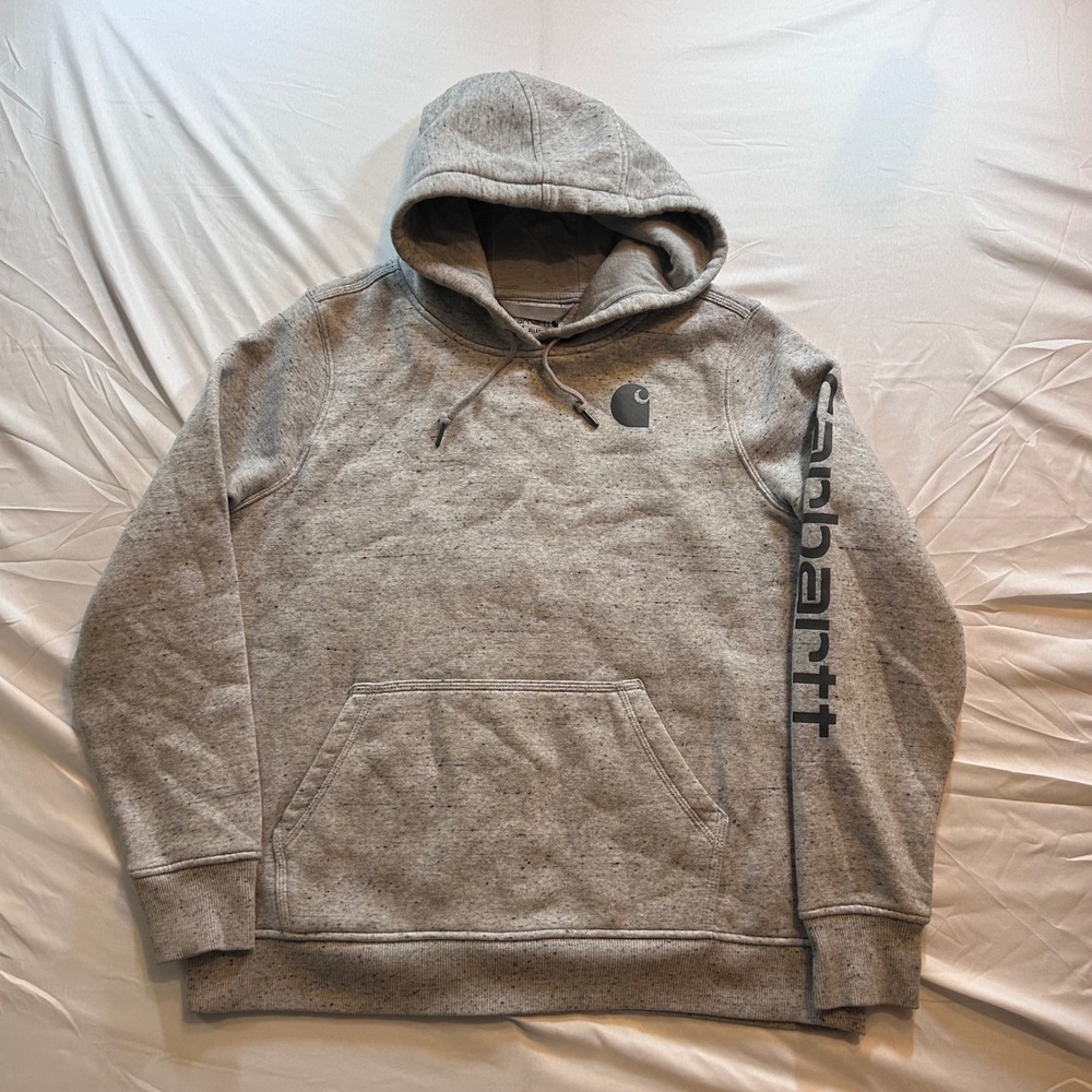 Carhartt Mens XL Relaxed Fit Grey Speckled Logo Graphic Sleeve Hoodie Sweatshirt